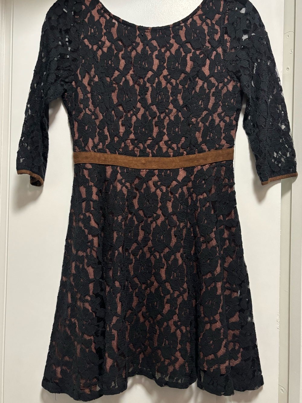 C. Luce Black Lace with Brown Underlay Dress